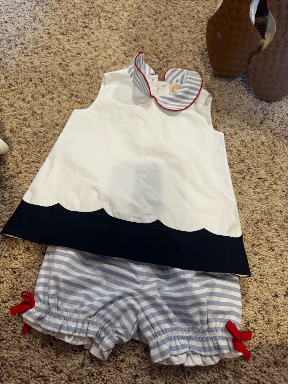 Girls Nautical White Top & Blue Stripe Bloomer Set with Red Trim